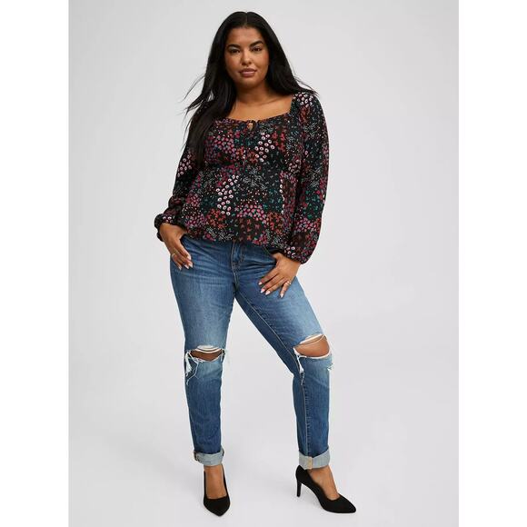 Torrid Peplum Challis Sweetheart Top, Black Floral Long Sleeve Peasant Blouse 3x - Picture 3 of 13